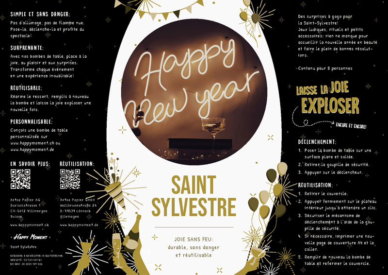 Bombe de table durable Temps de Saint-Sylvestre de Happy Moment by Artoz - A4 Autocollant avec Design personnalisé - contenu