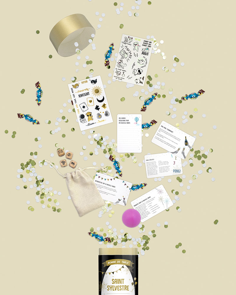 Bombe de table durable Temps de Saint-Sylvestre de Happy Moment by Artoz - contenu