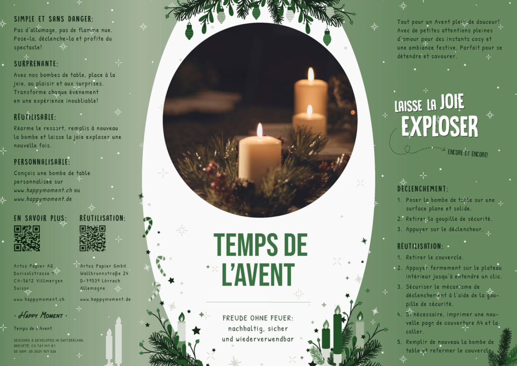 Bombe de table durable Temps de l’Avent de Happy Moment by Artoz - A4 Autocollant avec Design personnalisé - contenu